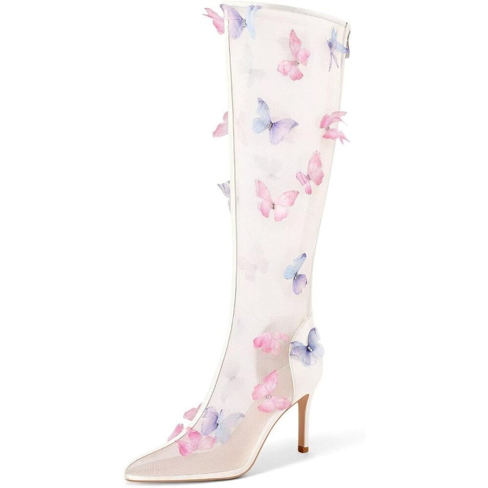 ⚡Women's White Knee High Boots Butterfly Pointed Toe Stiletto High Heels Mesh
